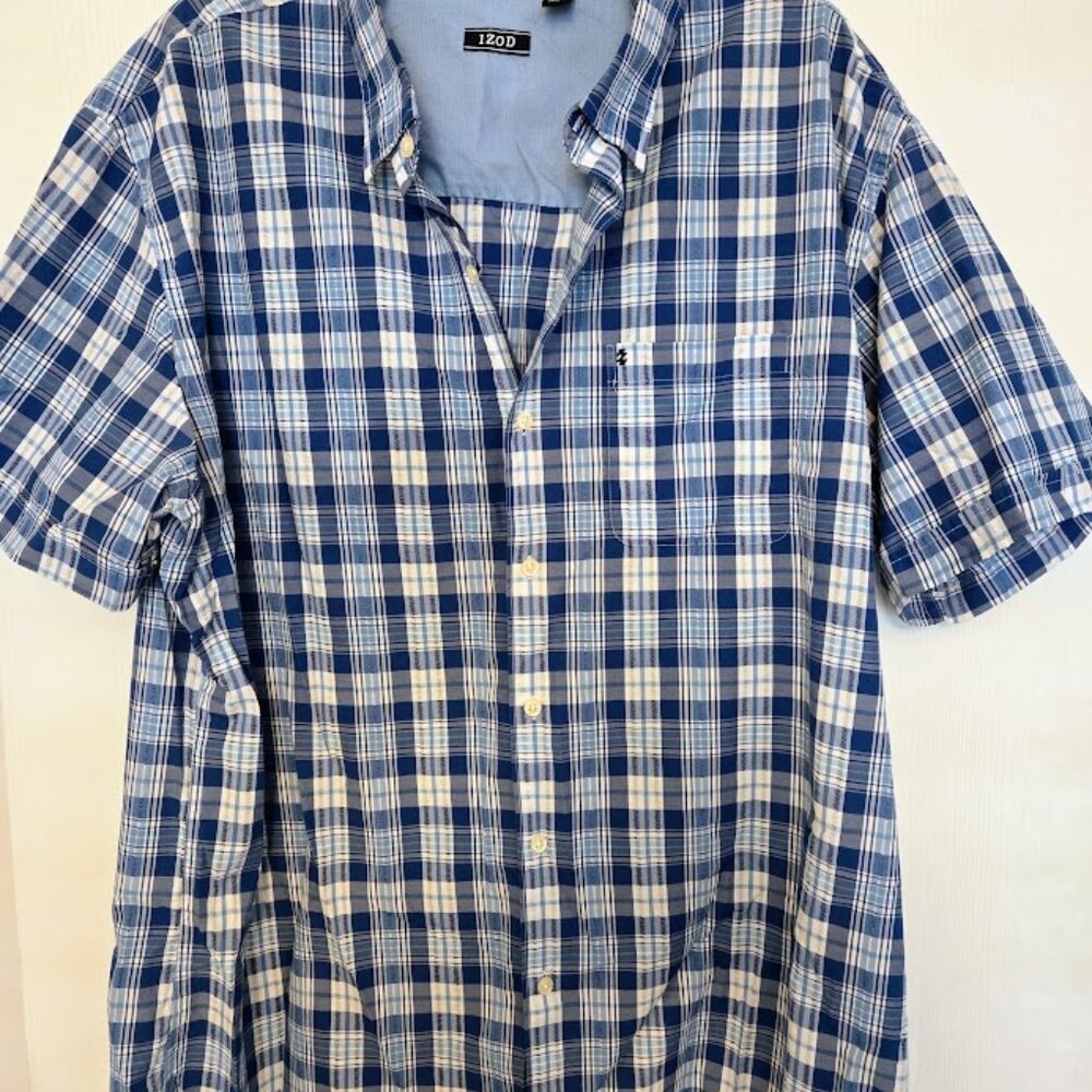 Izod Blue and White Plaid Short Sleeve Button-Down Shirt